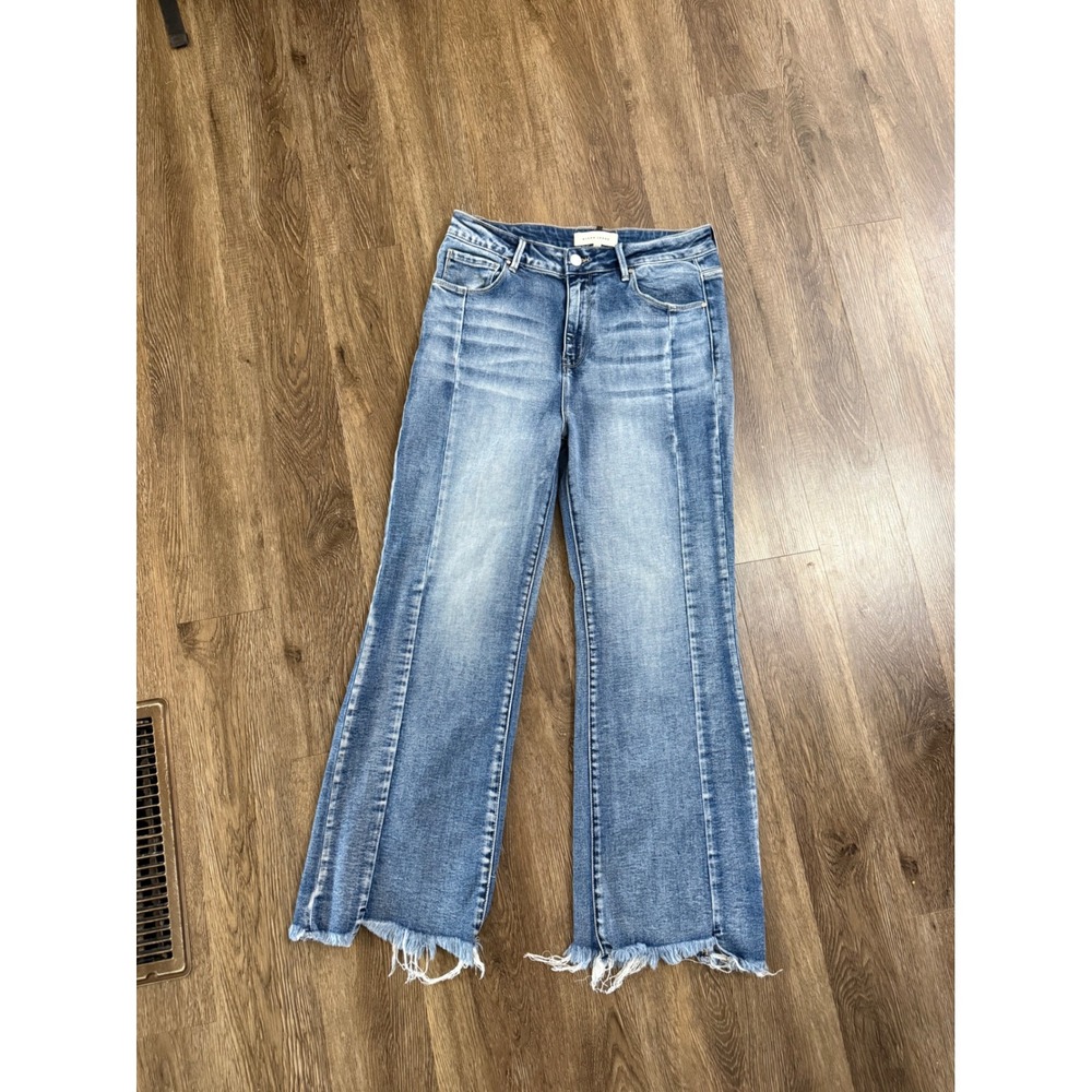 Risen Jeans Womens 13/31 Wide Leg Seamed Raw Hem Frayed Med Wash Denim High Rise